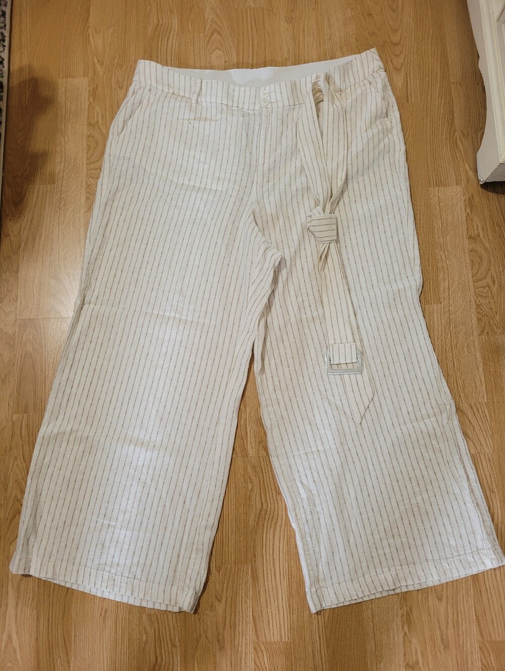 Lane Bryant Cream and Tan Striped Linen Beach Dress Belt Wide Leg Pants Sz 20R